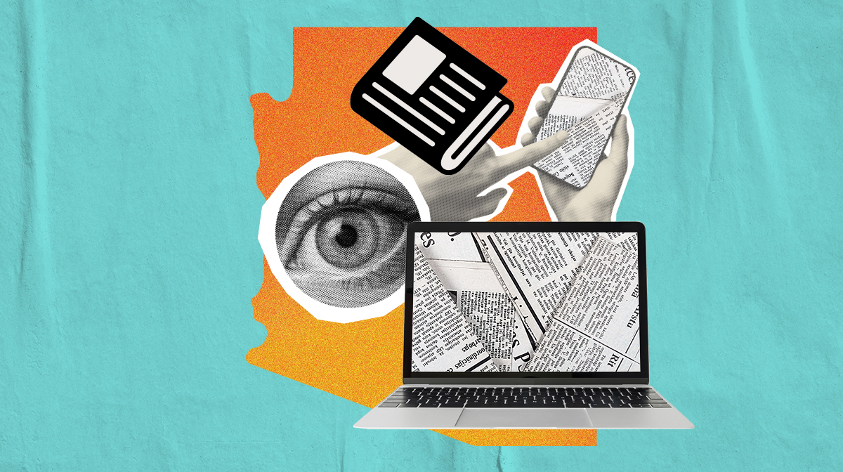 icons of a newspaper and computers against a map of arizona
