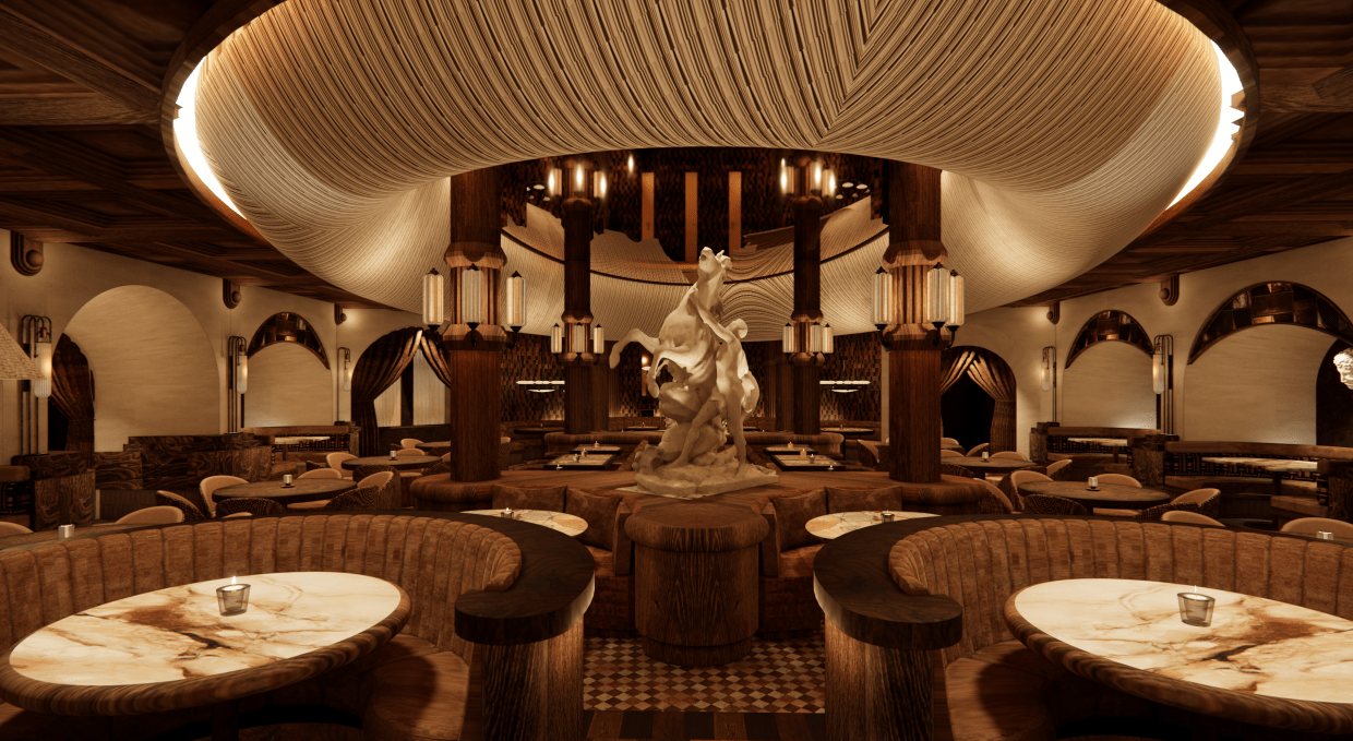 View of booths and tables in the dining room of Roman God of Fire.