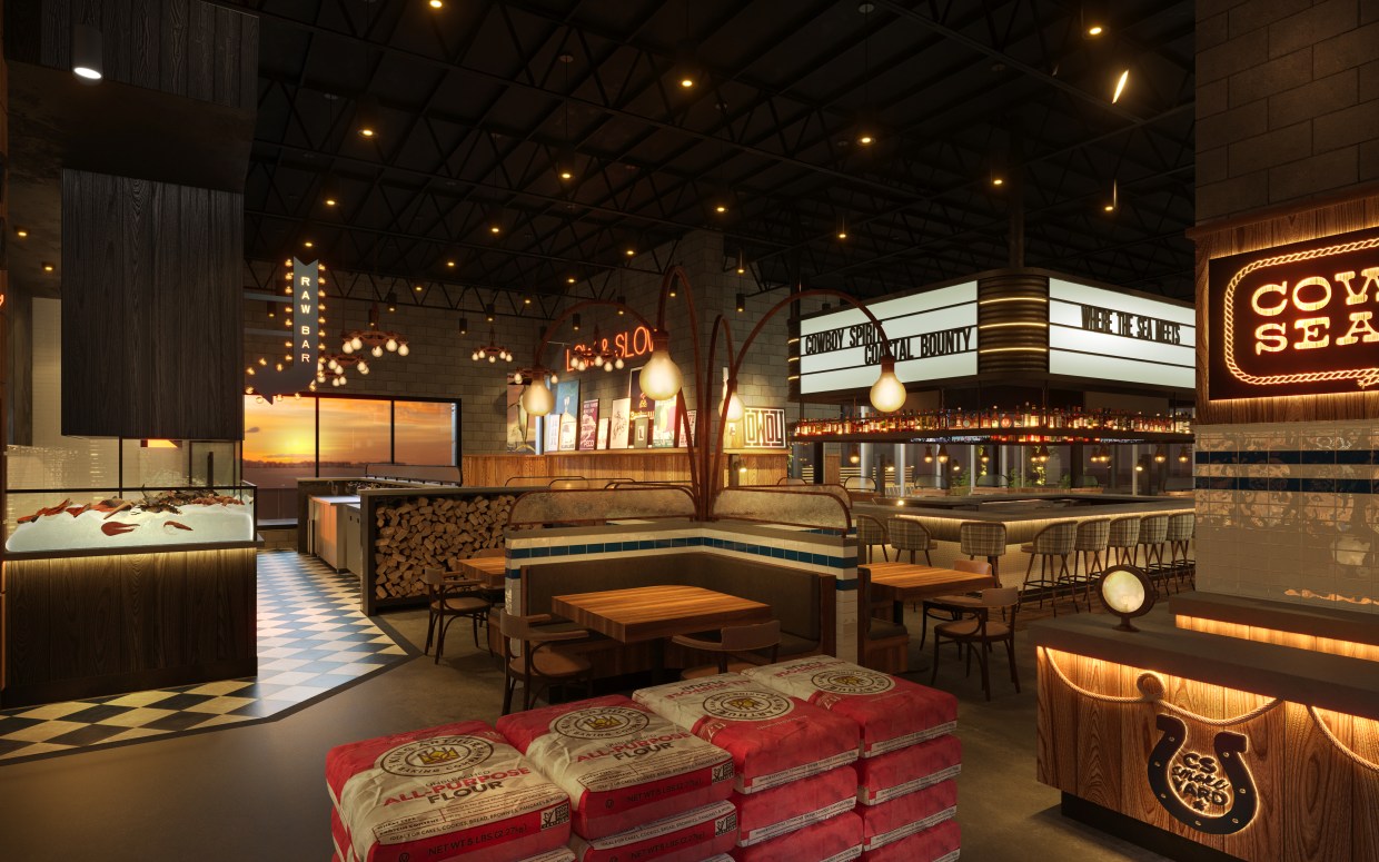 View of dining room and bar at Cowboy Seafood.