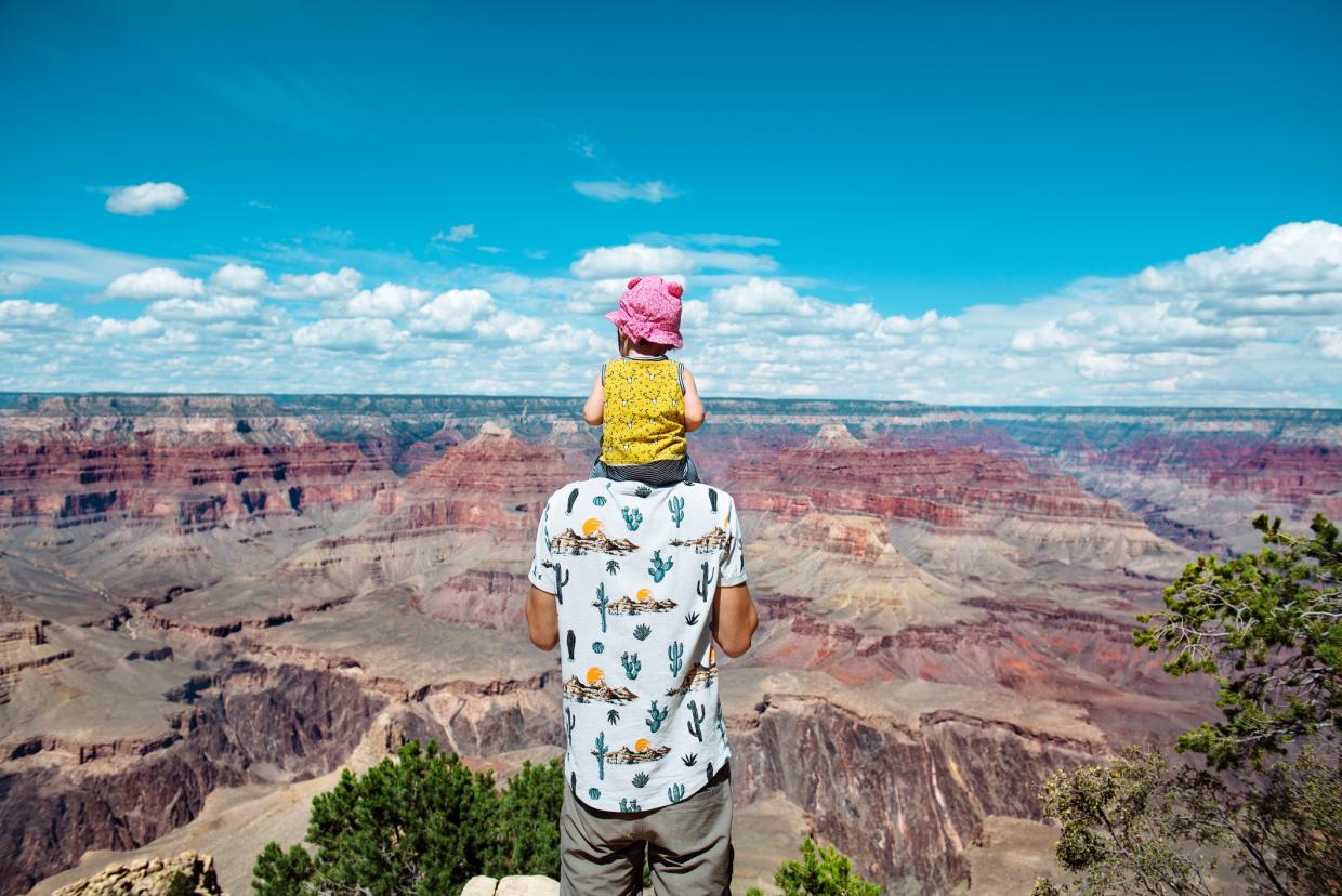 a father holds a baby as they look out at the grand canyon