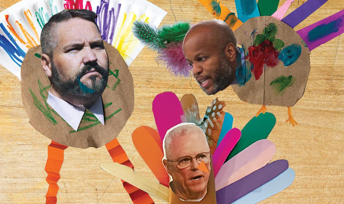 people's faces pasted onto arts and crafts turkeys