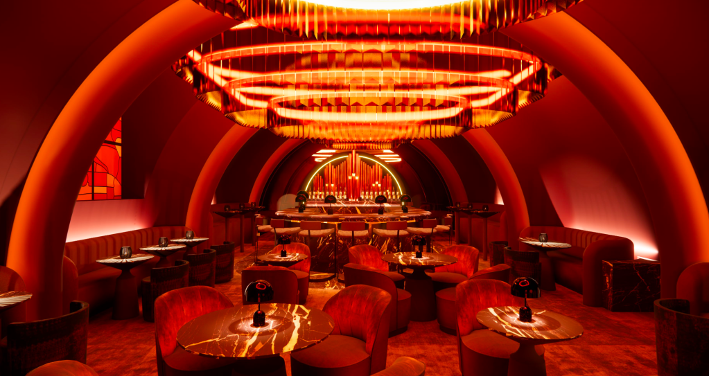 A rendering of a swanky modern bar.