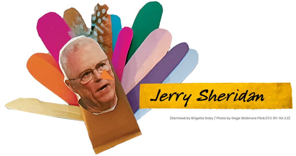 an arts and crafts turkey with the head of jerry sheridan