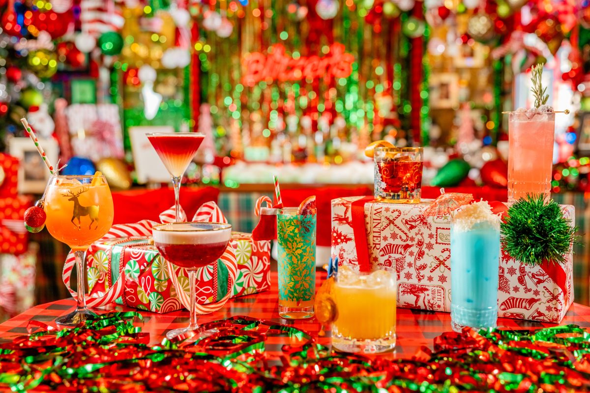 A table of holiday-themed cocktails.
