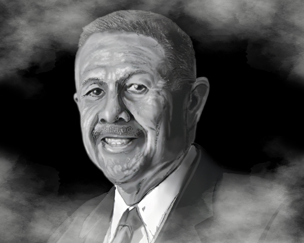 a black and white drawing of a man in a suit