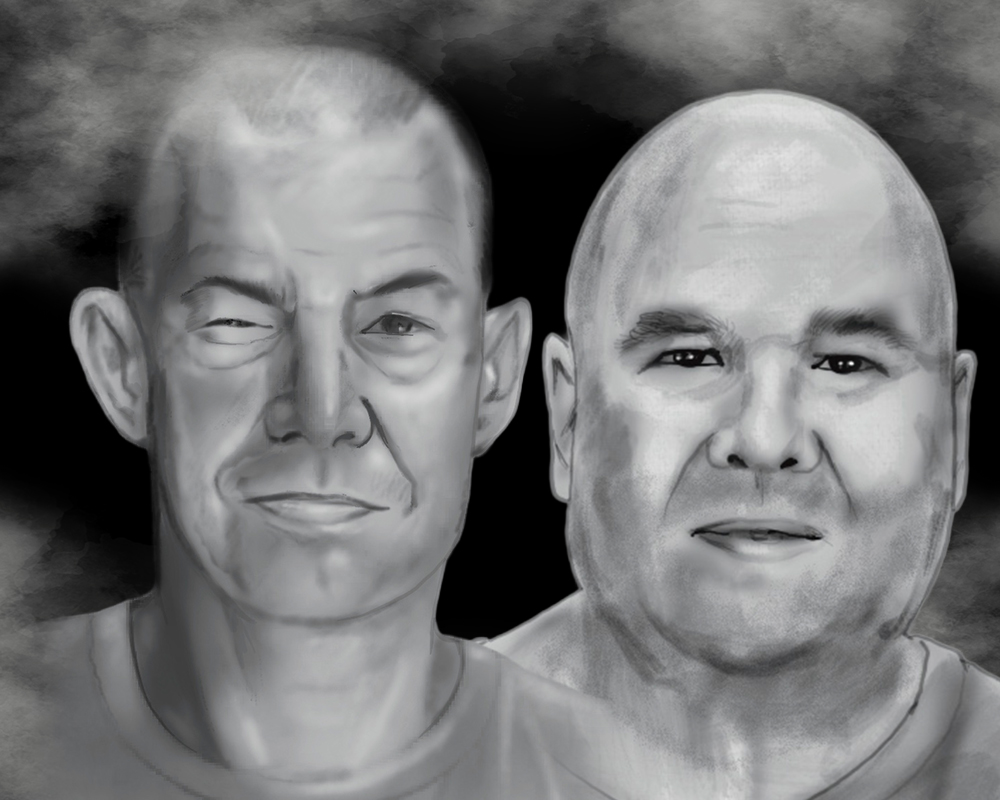 a black and white drawing of two bald men