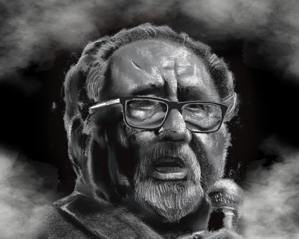 a black and white drawing of a man with glasess and a beard