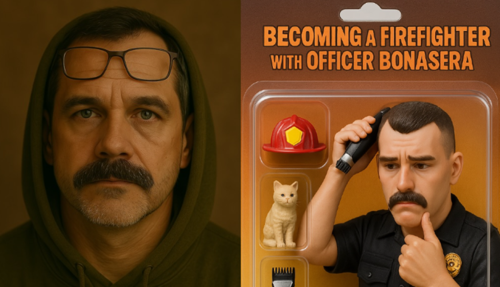 an AI generated police sketch of a man with a mustache next to an AI-generated image of a cop who looks strikingly similar