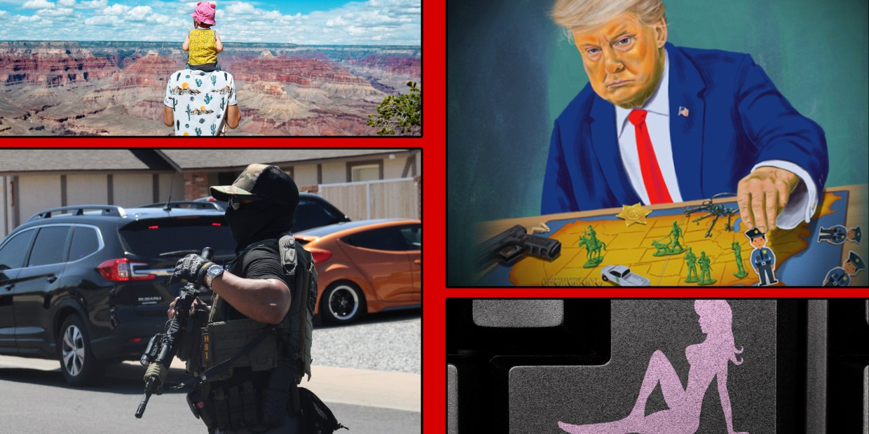 photos of a man and child at the grand canyon, an illustration of donald trump, an HSI agent with a gun and a women's silhouette on a computer keyboard