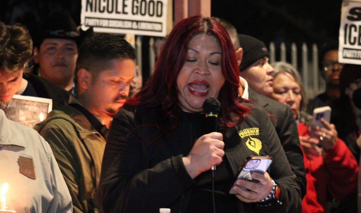 anna hernandez speaks at a vigil