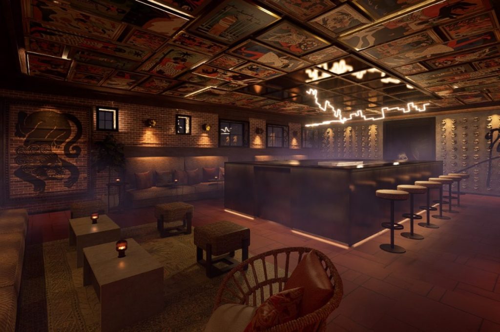 A rendering of a bar and lounge.