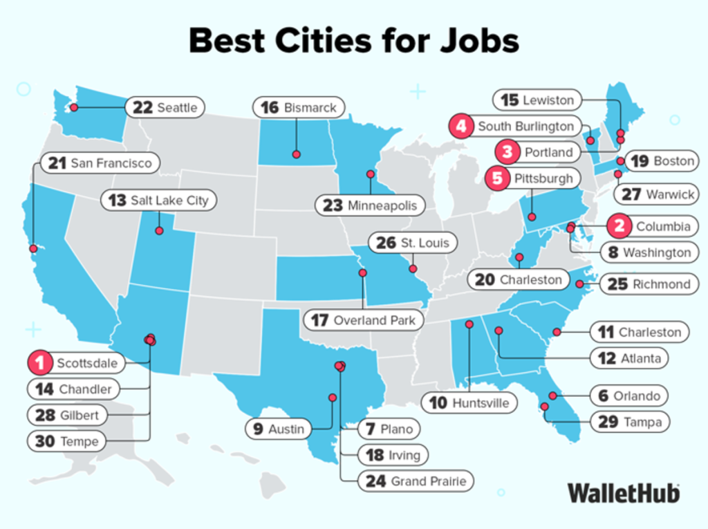 a map of the u.s. showing the best cities for jobs