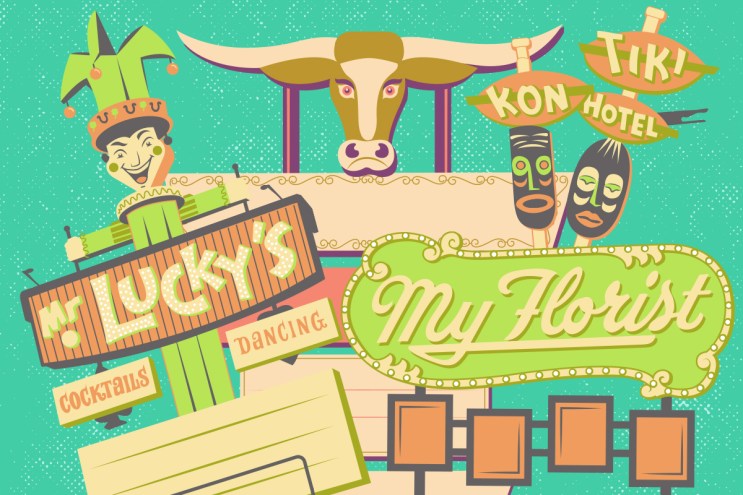 Illustration of iconic Phoenix signs designed by Glen Guyett, including Mr. Lucky’s, Bill Johnson’s Big Apple and the Kon Tiki Hotel.