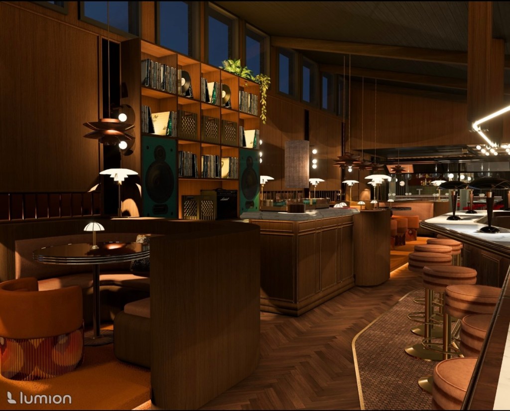 A rendering of a bar and this vinyl booth.
