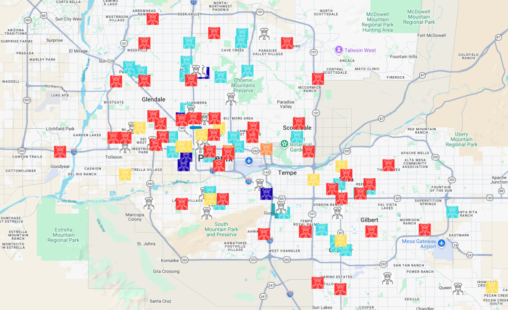 a map of phoenix showing locations where ICE has been spotted over the past year