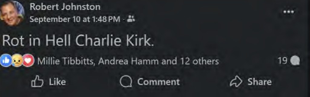 a facebook post that says "rot in hell charlie kirk"