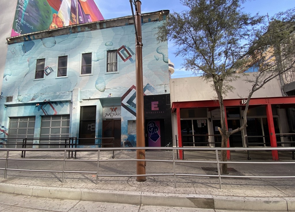 An exterior photo of neighboring downtown Phoenix nightclubs Monarch Theatre and Bar Smith.
