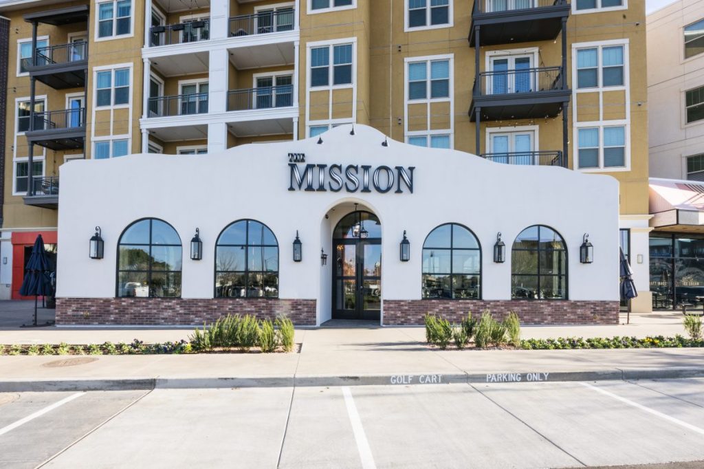 Exterior of a mission-style restaurant.