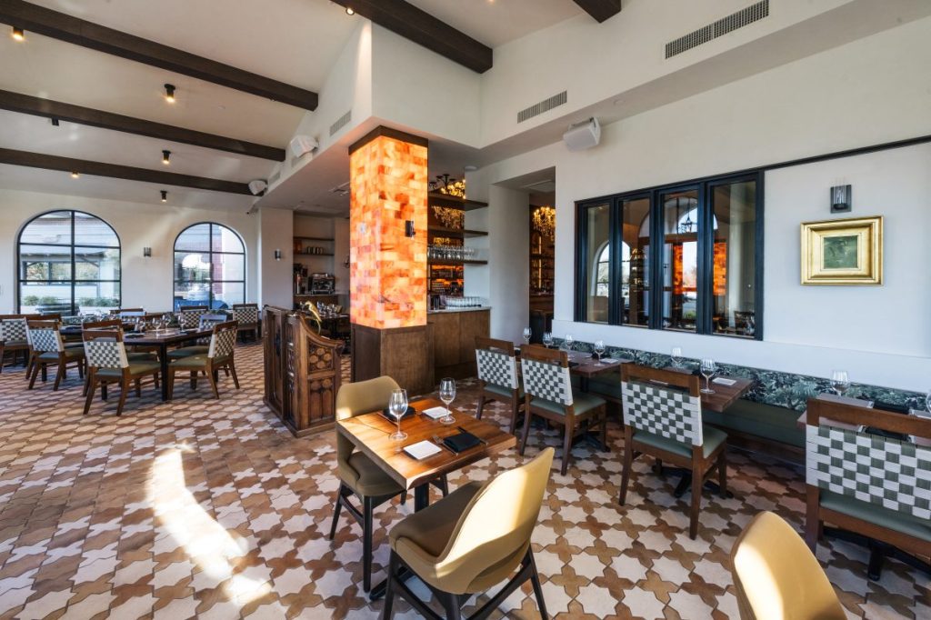 A mission-style dining room.