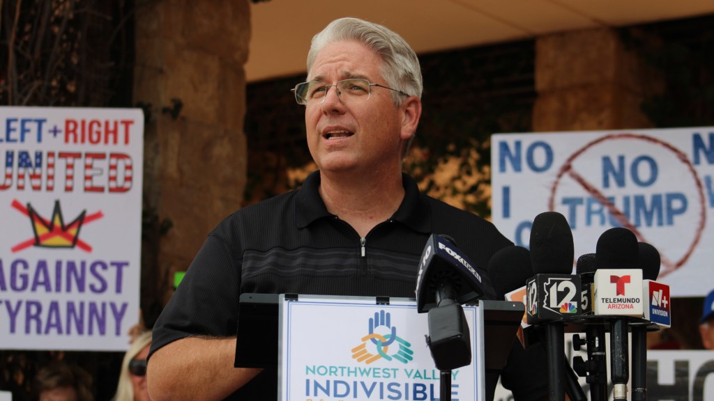 brent peak of northwest valley indivisible speaks at a press conference