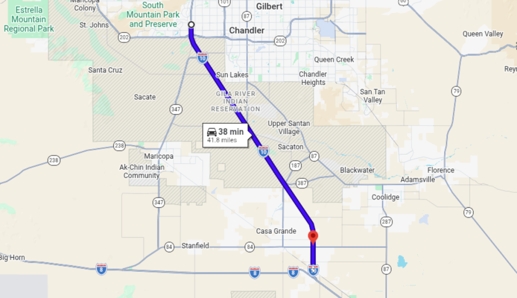 a map of the stretch of interstate 10 between chandler and casa grande