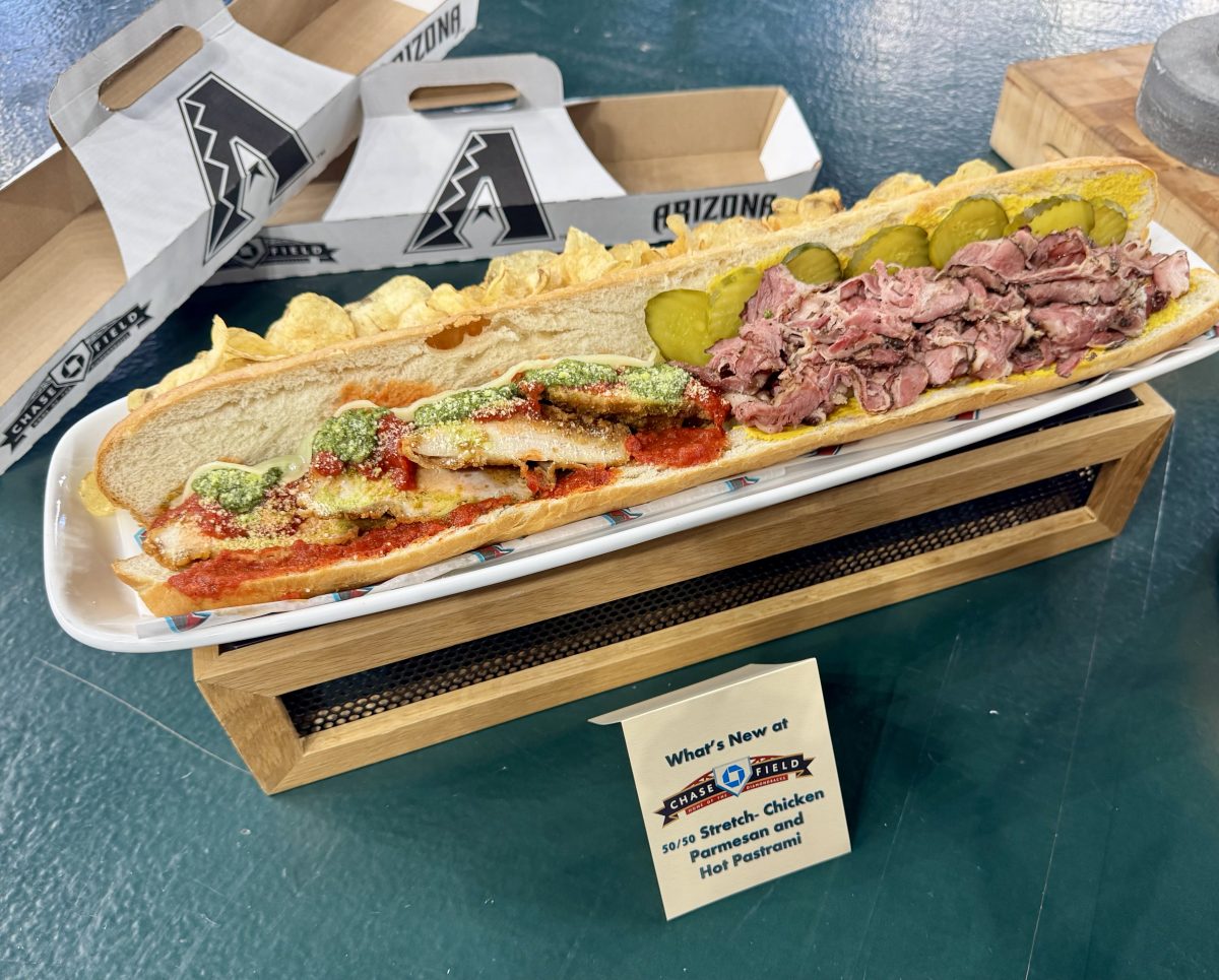 A 20-inch baguette sandwich and kettle chips from Chase Field.