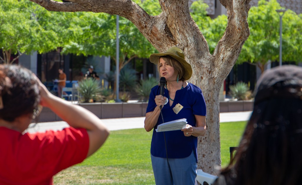 state sen lauren kuby speaks to protesters