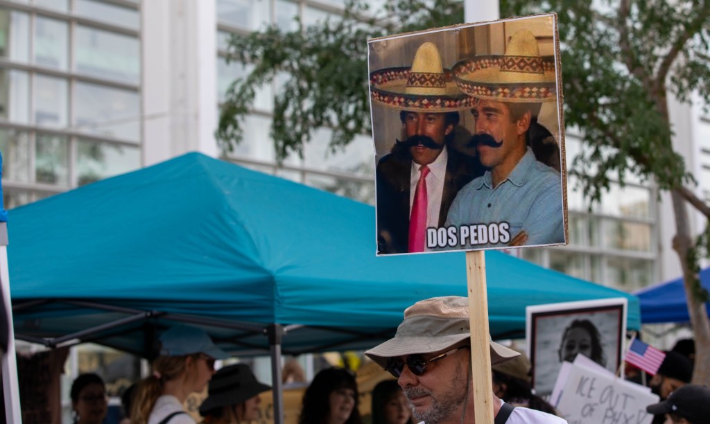 a protester holds up a sign with a picture of donald trump and jeffrey epstein together, with sombreros imposed over their heads. the sign reads "dos pedos"
