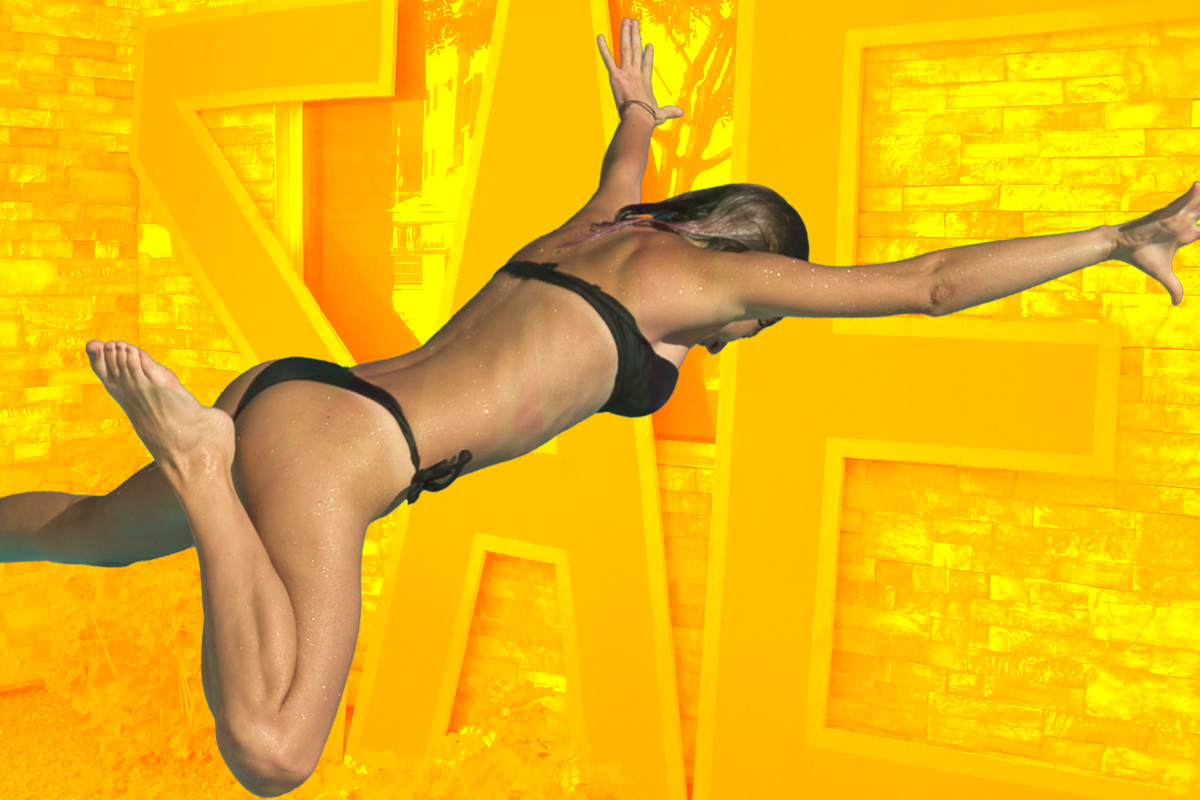 a woman in a bikini jumping with her arms out. a yellow-hued "SAE" logo is in the backgroun