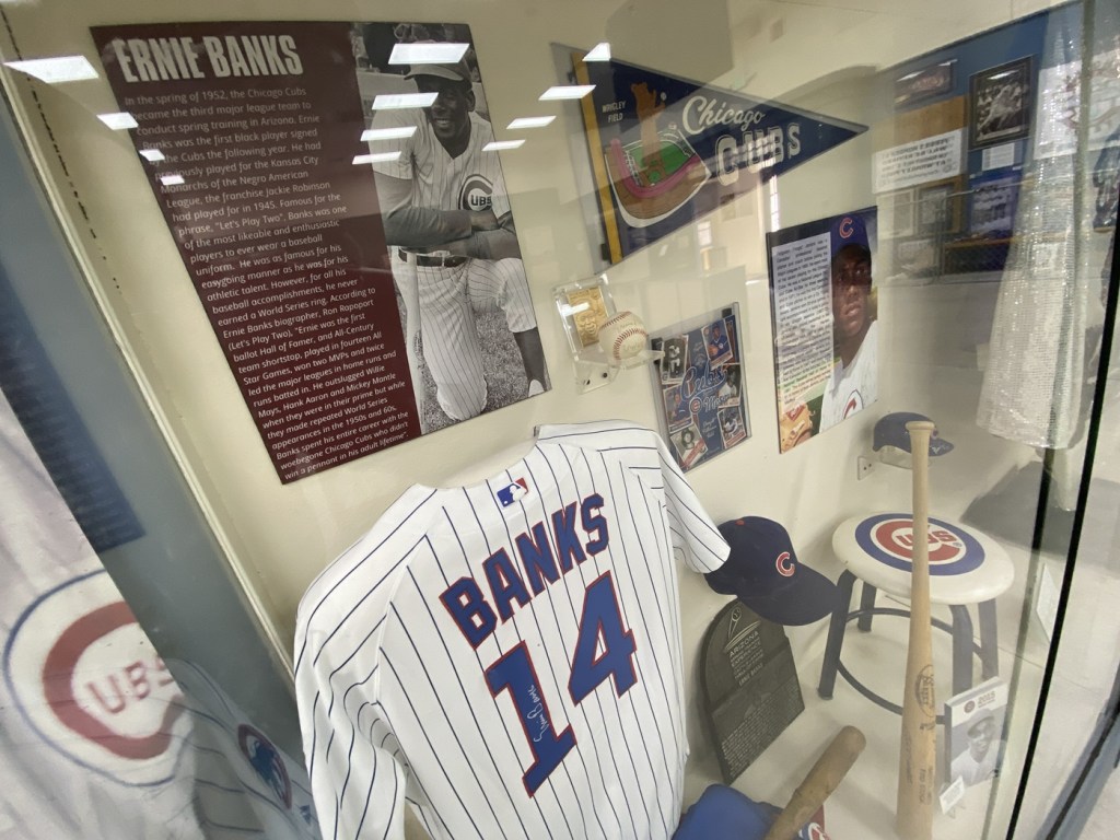Display about Chicago Cubs legend Ernie Banks at the Arizona Baseball Museum.