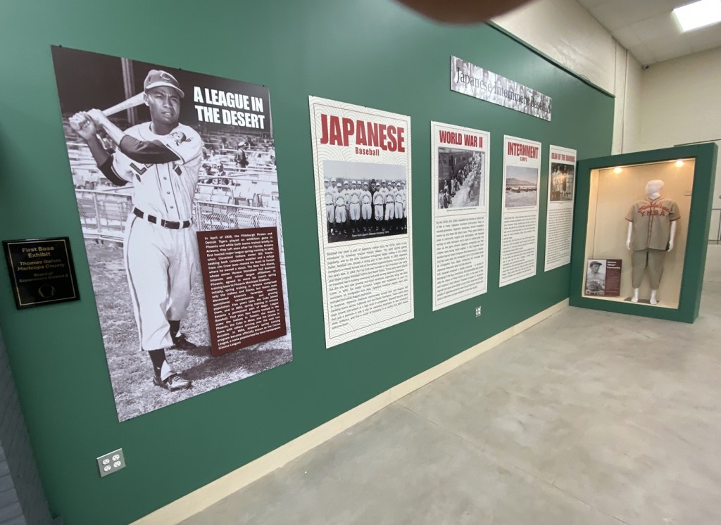 Wall display about baseball played in Japanese American internment camps during World War II.