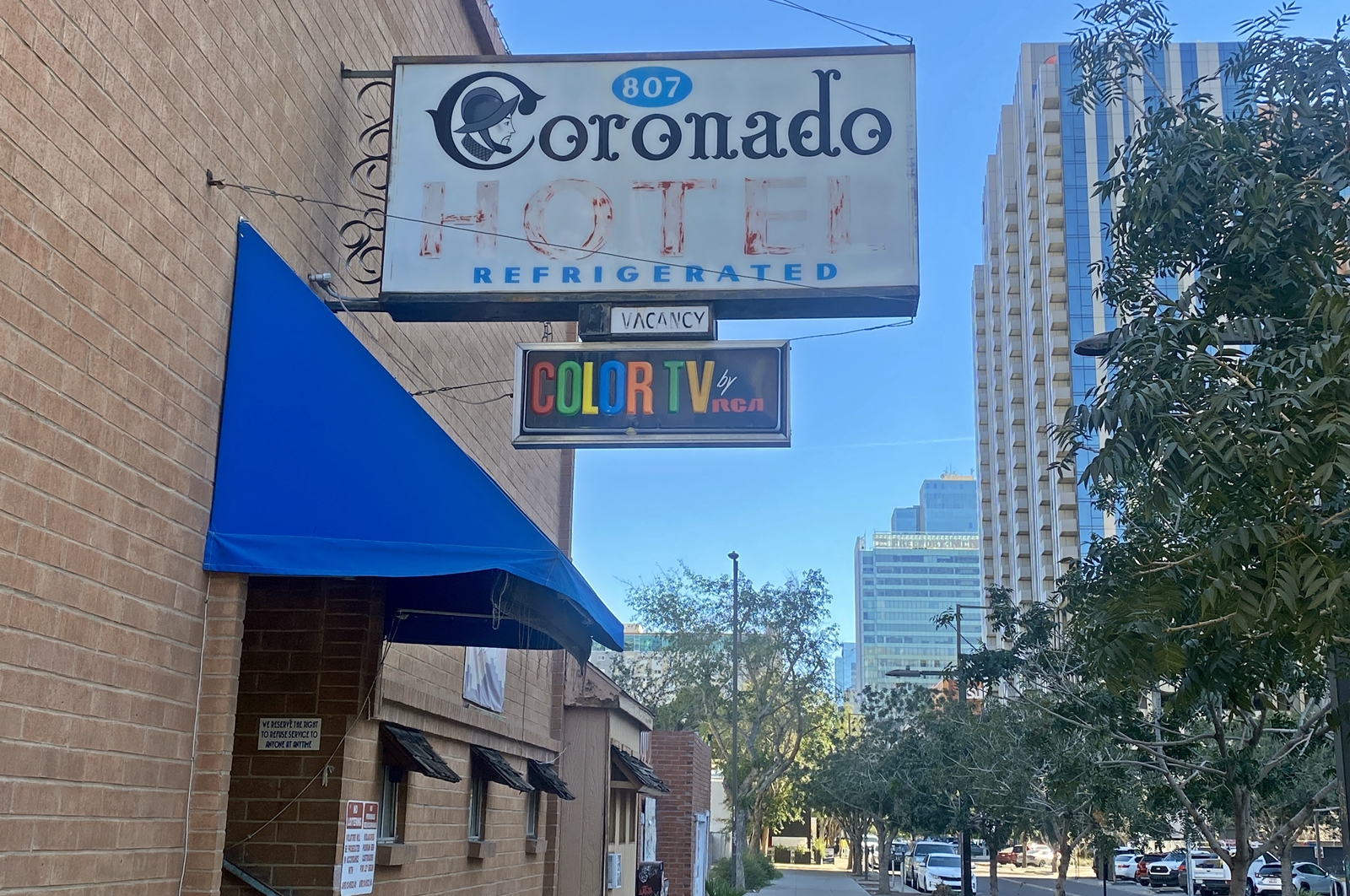 The exterior sign and entrance to the Coronado Hotel in downtown Phoenix.