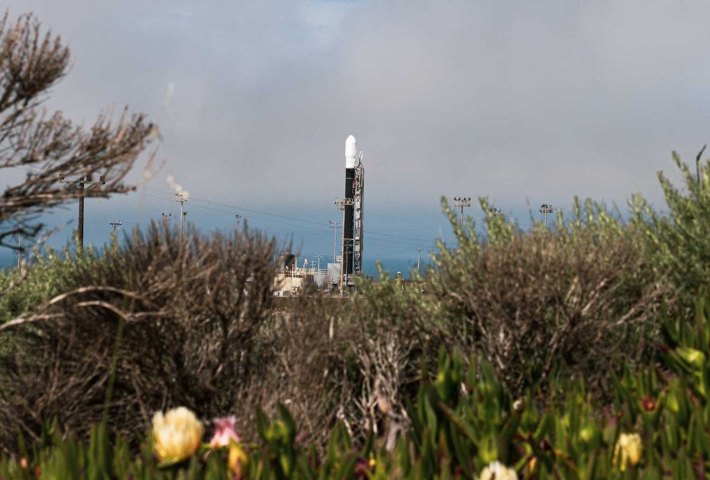 Firefly Aerospace Alpha rocket on the launch pad at Vandenberg Space Force Base in California before launch.