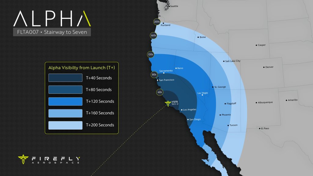 Map showing visibility zones for the Firefly Alpha rocket launch from Vandenberg Space Force Base across the western United States.
