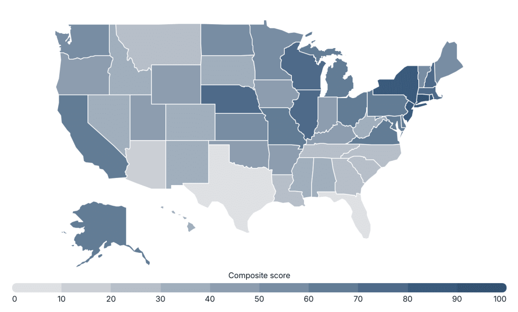 a map of the u.s. showing the hottest and coolest real estate markets at the state level. arizona is among the coolest.