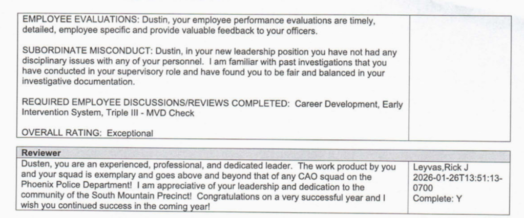 an except from dusten mullen's 2026 job performance review with phoenix police, featuring gushingly positive feedback