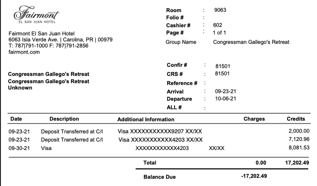 a receipt for a gallego campaign event at the fairmont el san juan hotel in september 2021, showing deposits of $2000 and $7,120.96