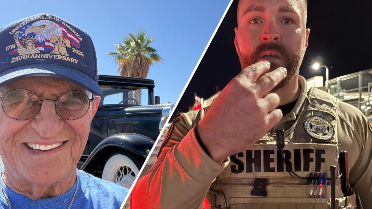 on the left is an older man in a hat, on the right is a pinal county sheriff's deputy