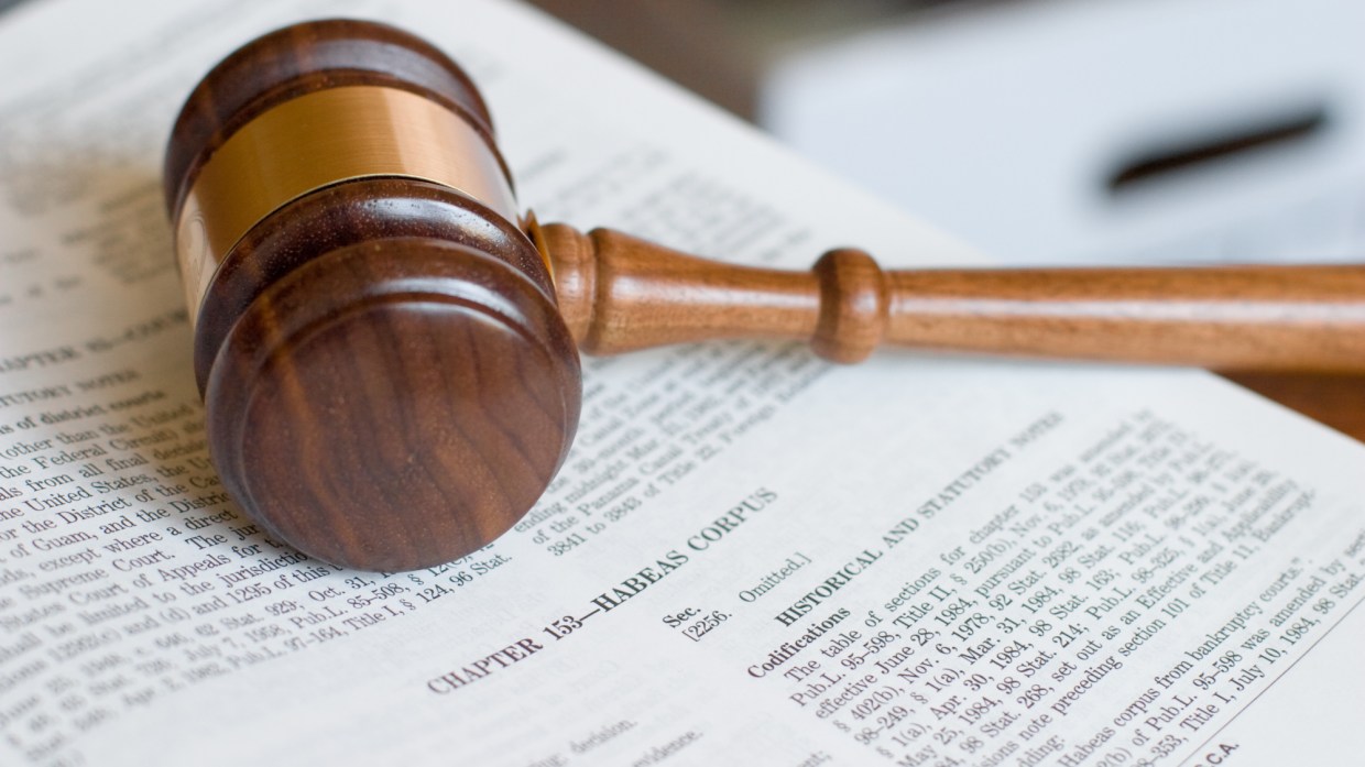 a gavel sits on an open book that has a chapter about habeas corpus