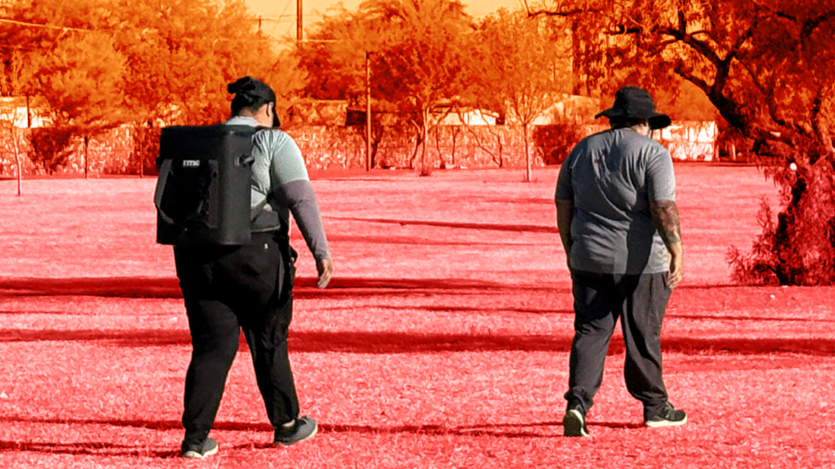 two people walk through a park. the people are in black and white while the park is stylistically in red tones
