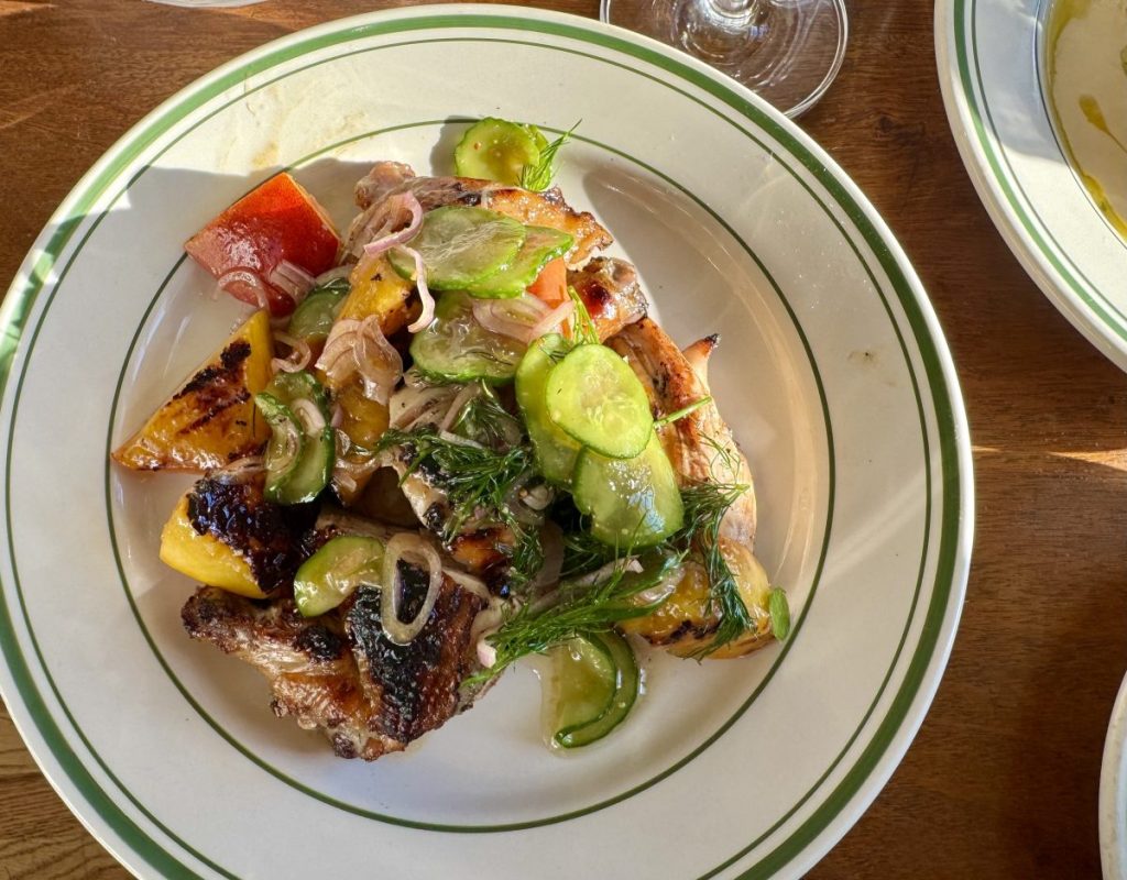A plate of grilled chicken topped with stone fruit and a cucumber-dill salad.