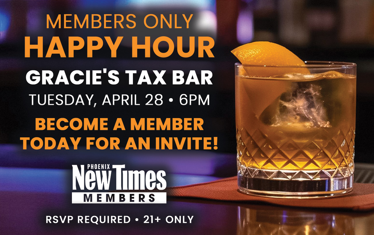 an announcement that readers can come to an April 28 happy hour at Gracie's Tax Bar