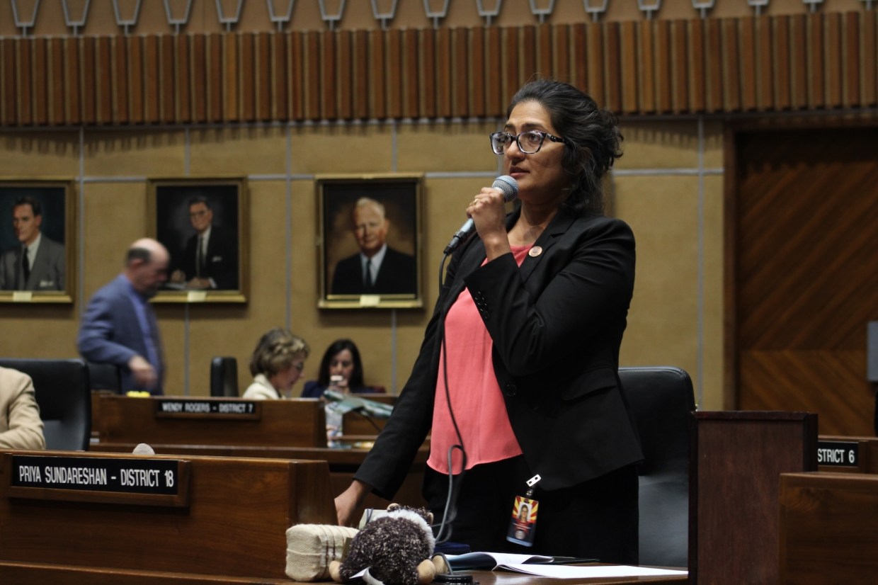 Priya Sundareshan, the Senate Minority Leader, holds a microphone to speak against anti-Muslim laws