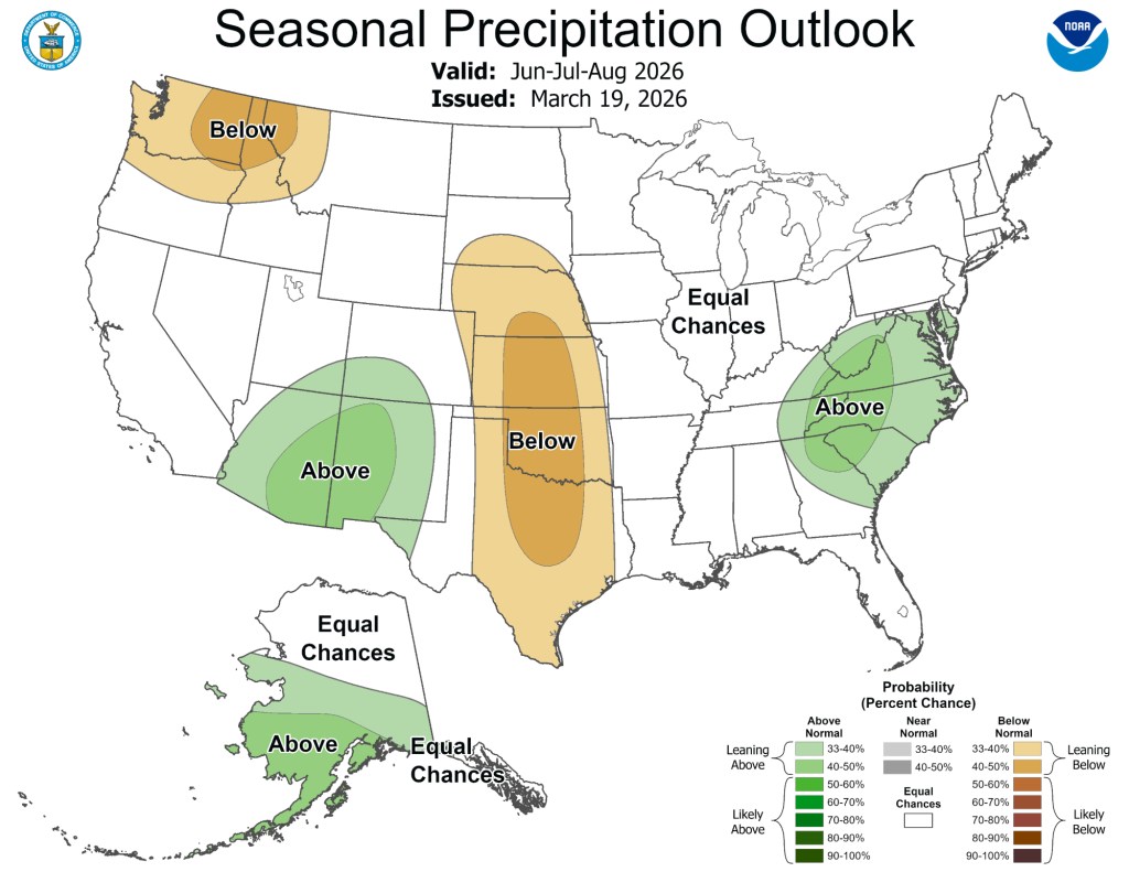a u.s. map showing the chances of above- and below-average rainfail for the months of june, july and august 2026. much of arizona is two shades of green, suggesting chances of above-average rain