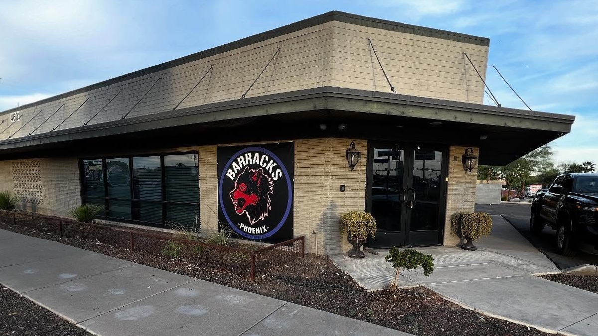 Exterior of Barracks Bar’s future Phoenix location in the Melrose District with its logo displayed on the building