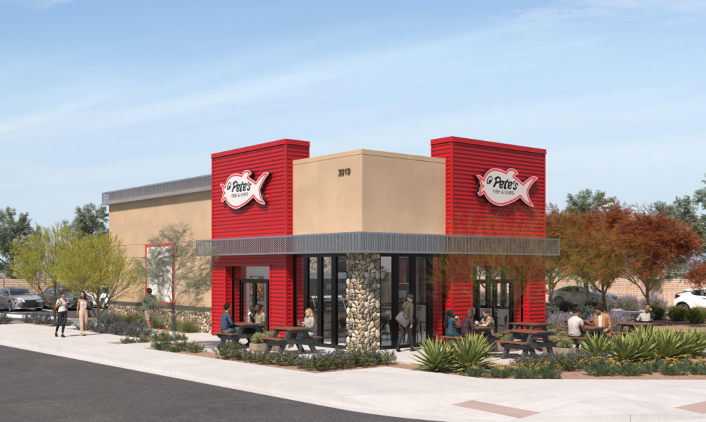 A rendering of a new Pete's Fish & Chips restaurant and drive-thru.
