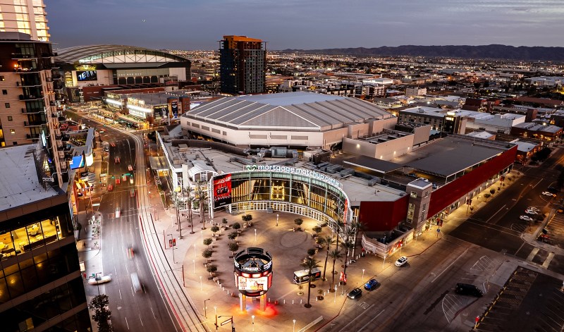 Mortgage Matchup Center in downtown Phoenix at night, lit up for events and concerts in 2026