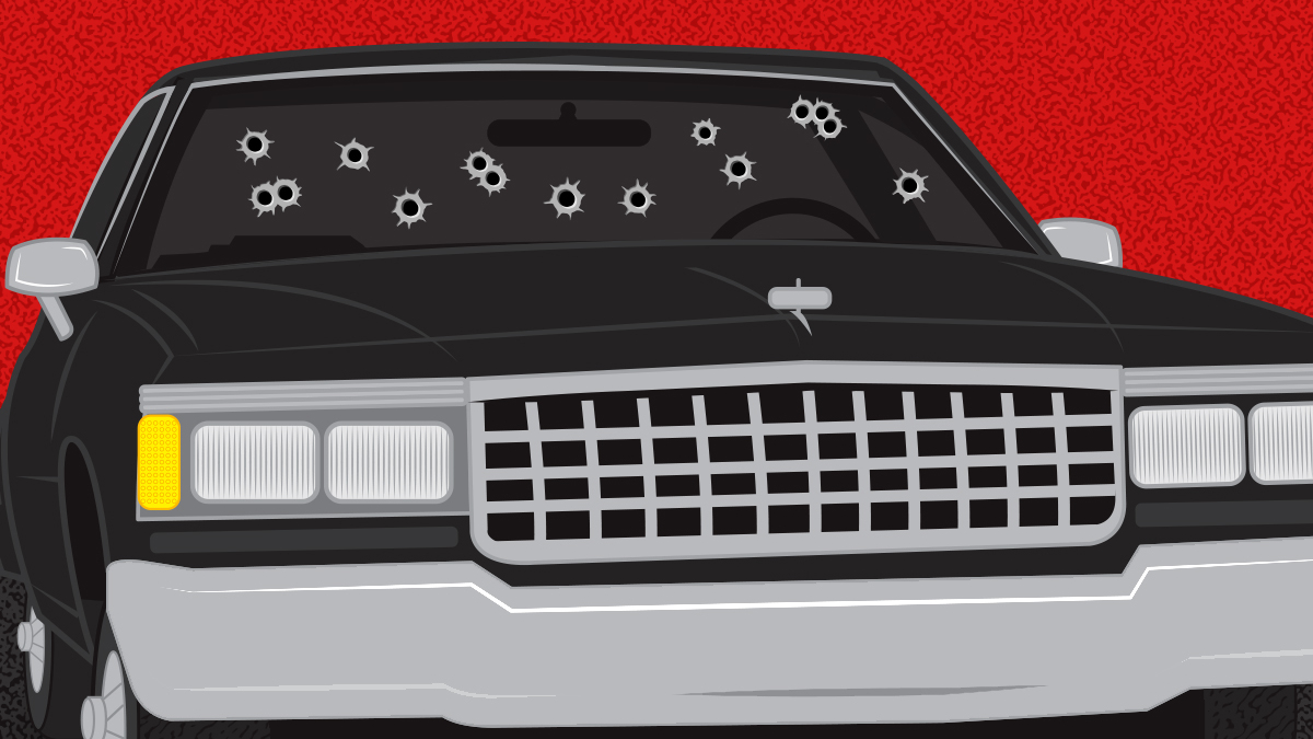 an illustration of a black chevy caprice with bullet holes in the windshield