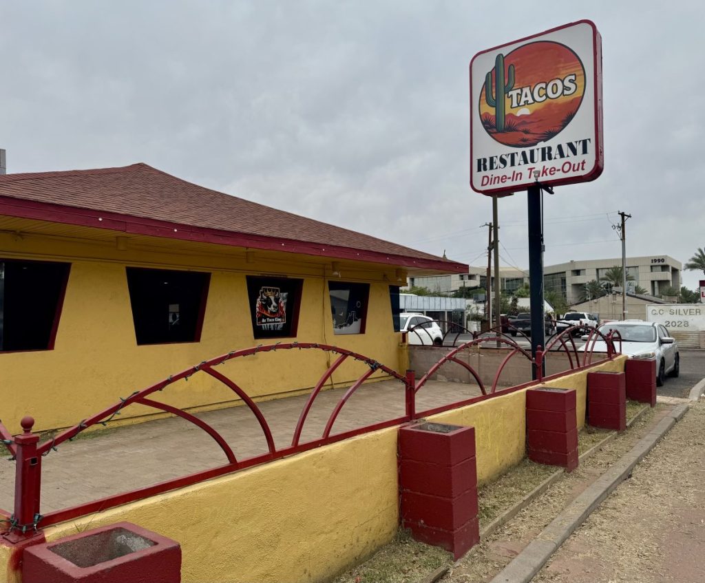 View of patio, exterior and sign of AZ Taco King in Phoenix.