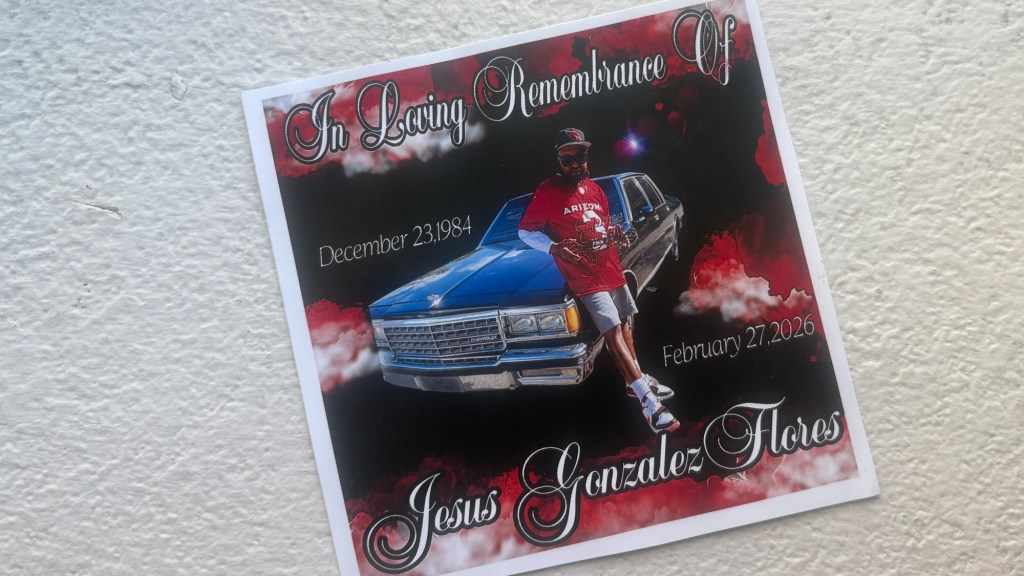 a square sticker commemorating the death of jesus flores, showing him in cardinals gear in front of his 1982 chevy caprice